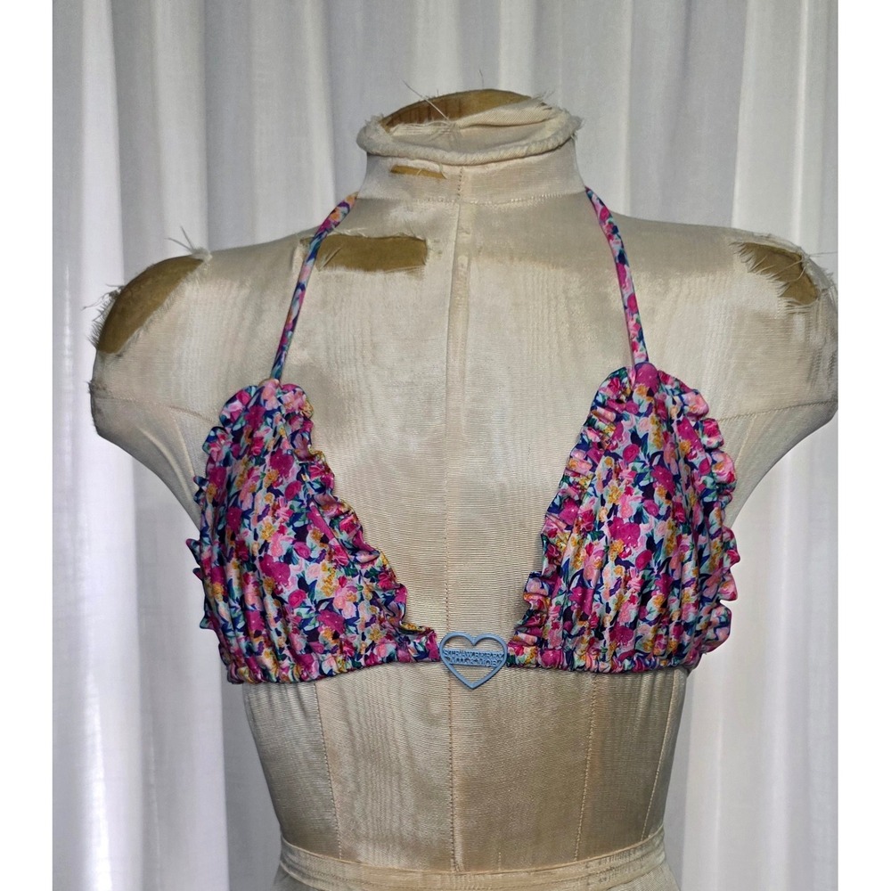 Strawberry Milk Mob Floral Ruffle Triangle Bikini Top Pink Blue Heart Charm M